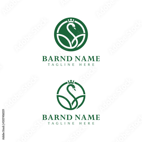 Fototapeta Naklejka Na Ścianę i Meble -  green swan or goose line circle logo vector with crown design