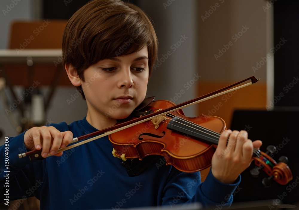 Concentrated boy practicing violin at home using bow and sheet music Concentrated boy practicing violin at home using bow and sheet music