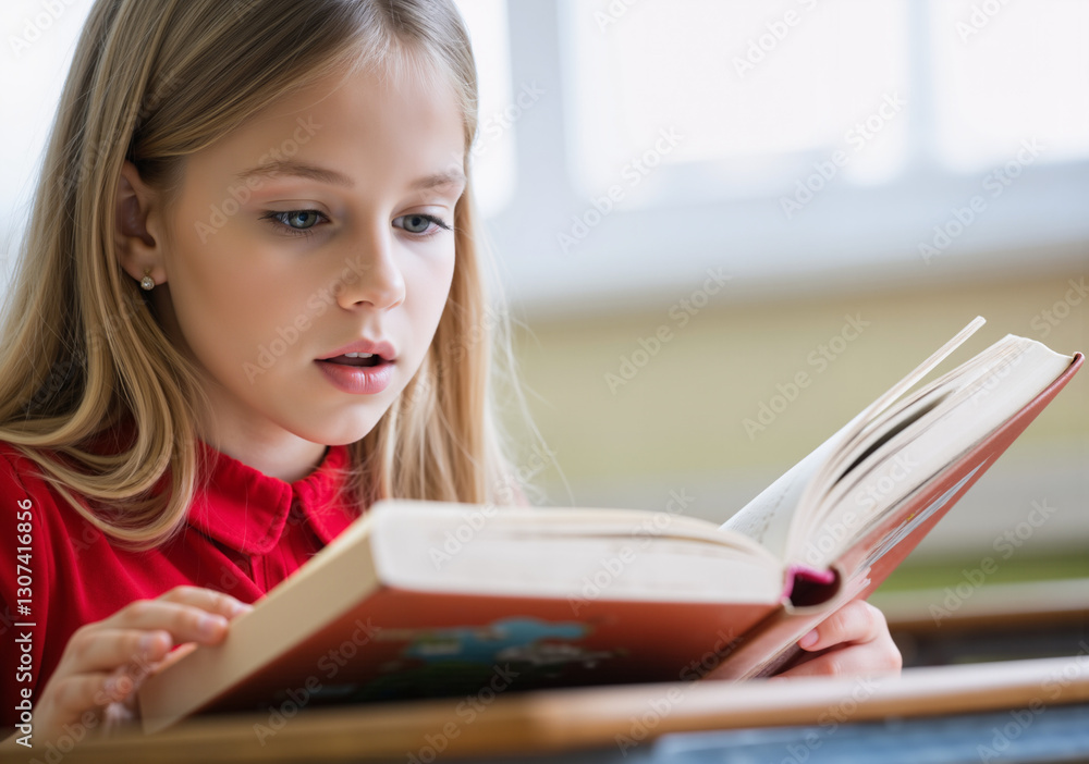 Elementary school student reading a book at her desk in a classroom Elementary school student reading a book at her desk in a classroom