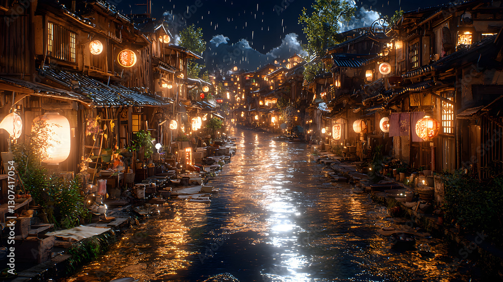 Fototapeta premium A serene riverside town with glowing lanterns during the night