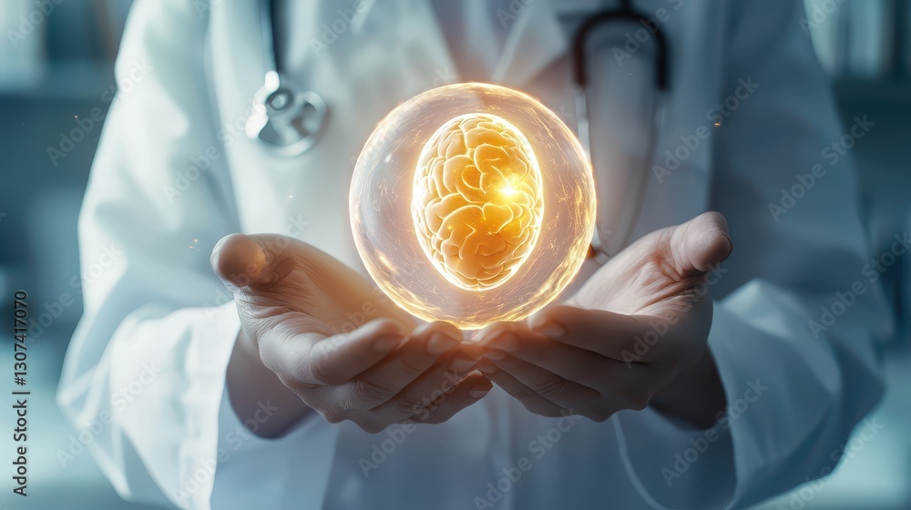 Medical professional in white coat holds glowing brain sphere representing innovative medical technology and advanced healthcare concepts Medical professional in white coat holds glowing brain sphere representing innovative medical technology and advanced healthcare concepts
