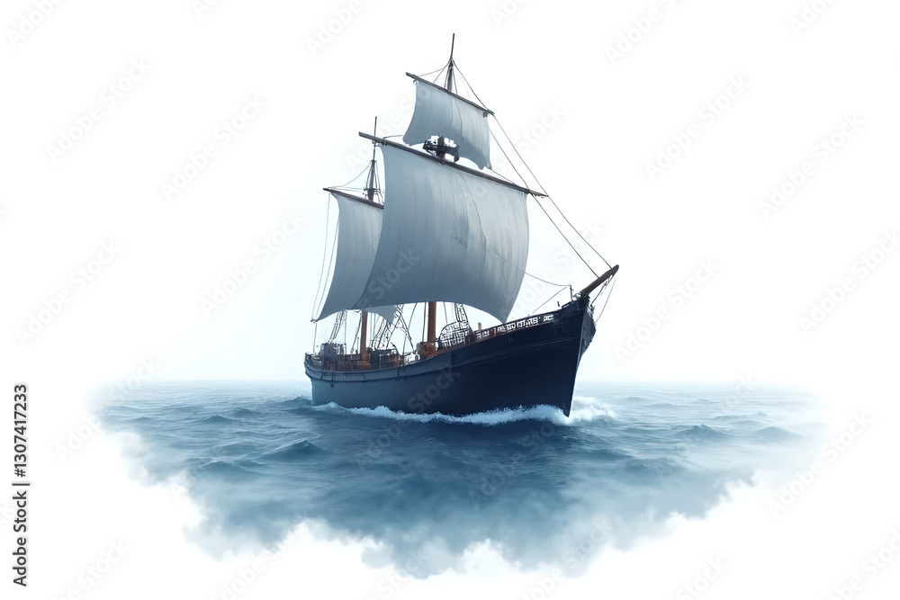 Fototapeta premium Haunting Ghost Ship: Watercolor Masterpiece Unveils Hyper-Realistic Maritime Mystery on Pure White Canvas