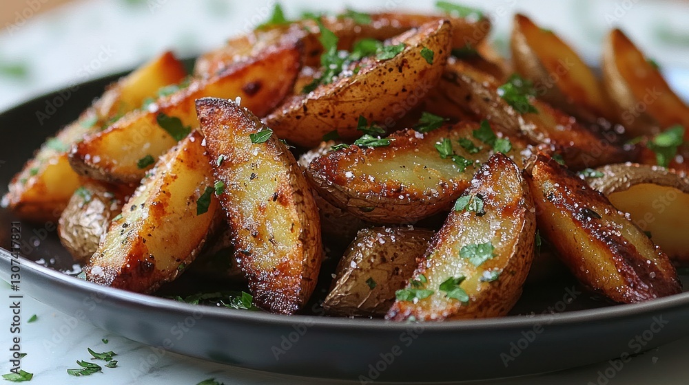 Crispy Potato Wedges, Parsley Garnish, Kitchen Counter, Food Photography Crispy Potato Wedges, Parsley Garnish, Kitchen Counter, Food Photography