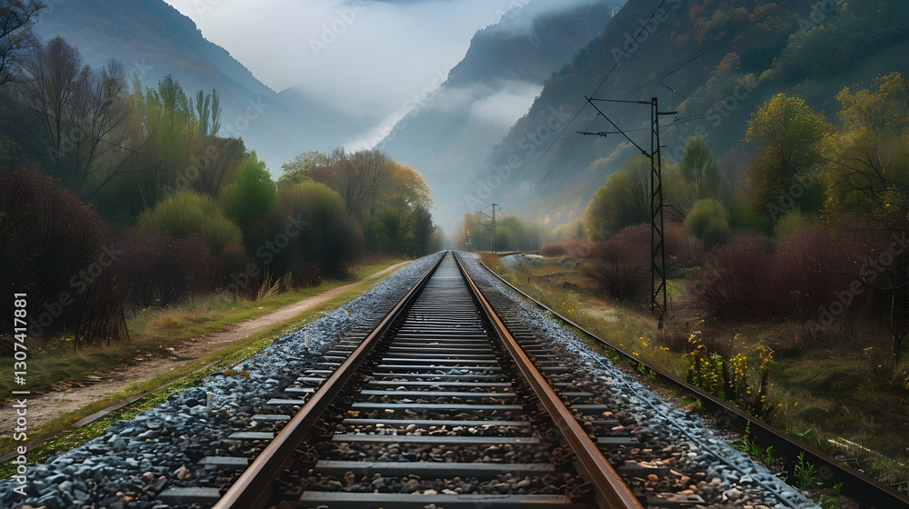 Fototapeta premium Railroad Tracks Leading Through Misty Mountain Valley