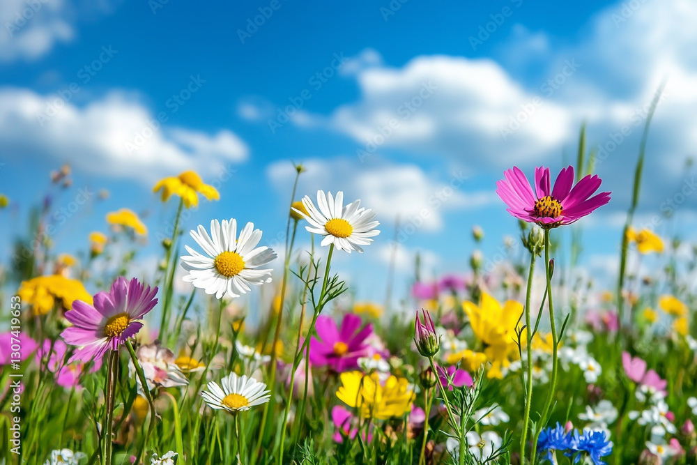 Fototapeta premium Colorful wildflowers in a meadow, vibrant daisies, and a blue sky background create a springtime nature landscape.