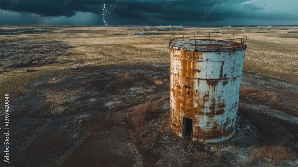 Aerial view of a rusty abandoned water tower. Aerial view of a rusty abandoned water tower.