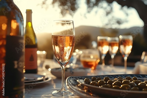 Sunset dinner party in southern France with wine glasses and olives on the table, champagne bottles on the side. Close-up of red wine glass, warm golden hour light.