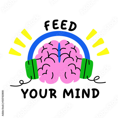 A flat style sticker of a mind wearing headphones and listening music