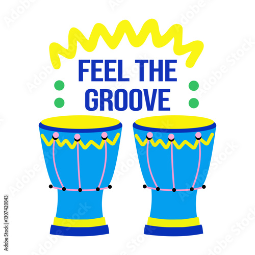 A flat style sticker of hand drums with feel the groove typography
