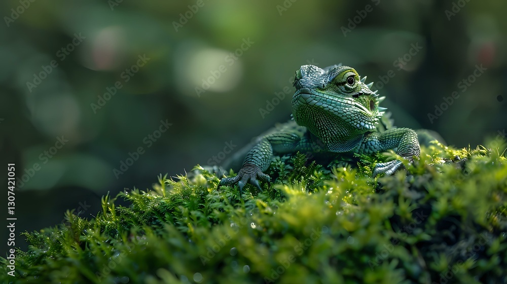 Obraz premium Green bearded dragon lizard resting on moss covered surface in natural environment, soft bokeh background creates dreamy wildlife atmosphere.