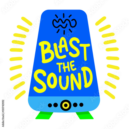 A flat style sticker of portable speaker with blast the sound typography