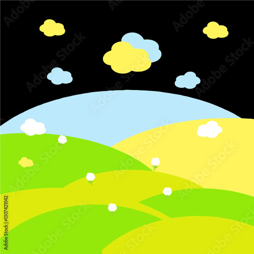 그린 언덕풍경 landscape with green flower and blue sky