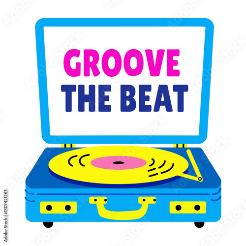Vinyl player with groove the beat typography, flat style sticker