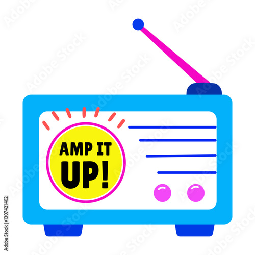 A flat style sticker of sound amplifier with amp it up typography