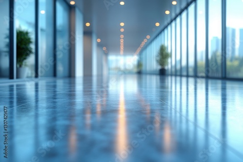 Modern office hallway with glossy floors and natural light creating a clean and professional atmosphere for a conducive work environment photo