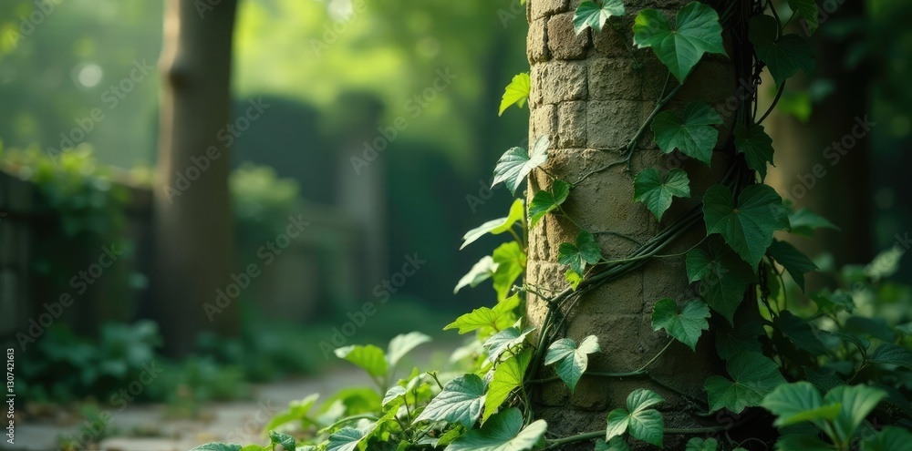 Fototapeta premium Delicate tendrils of ivy wrapped around a stone column, vines, foliage