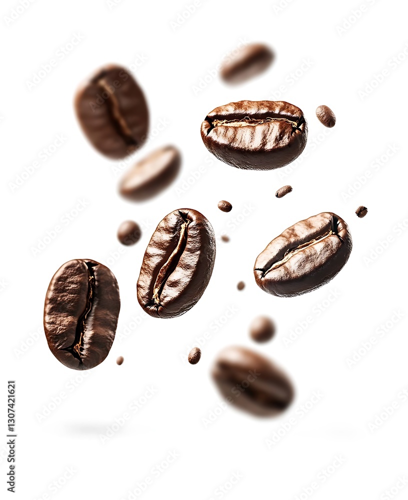 Falling coffee beans on white background, flat lay. Coffee bean explosion with photorealistic detail, professional color grading, and soft shadows. Falling coffee beans on white background, flat lay. Coffee bean explosion with photorealistic detail, professional color grading, and soft shadows.