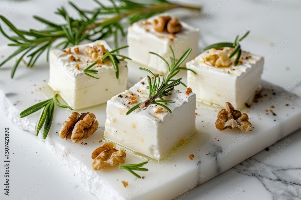 Gourmet cheese cubes with rosemary and walnuts on marble Gourmet cheese cubes with rosemary and walnuts on marble