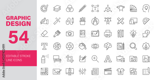 Graphic Design icon set. Computer graphics related icons: creative tools, painting, drawing, designer, digital art, portfolio, software and more. Editable line icons. Vector illustration.