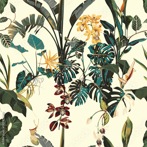 Tropical botanical landscape, palm tree, banana tree, exotic flowers, plant floral  border background. Exotic jungle wallpaper.