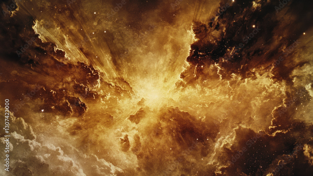 Cosmic golden nebula explosion with intense radiant light and space clouds Cosmic golden nebula explosion with intense radiant light and space clouds