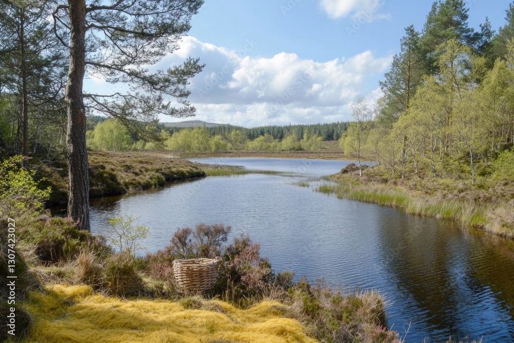 Serene Scottish loch, springtime view with pine trees, vibrant greenery, and a calm lake. Serene Scottish loch, springtime view with pine trees, vibrant greenery, and a calm lake.