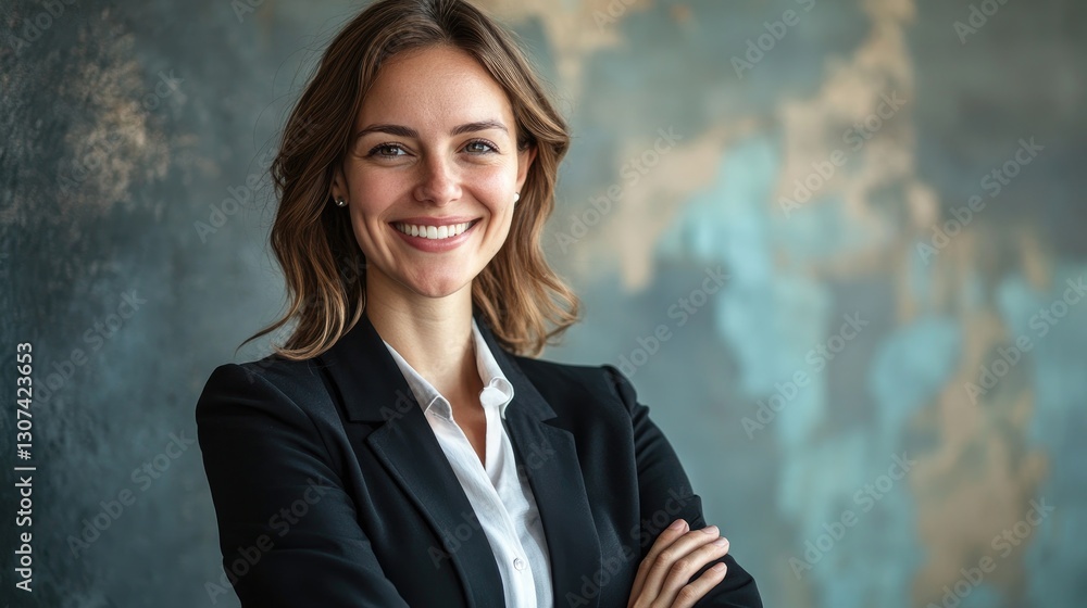 Smiling businesswoman wearing a formal suit is posing confidently for a picture Smiling businesswoman wearing a formal suit is posing confidently for a picture