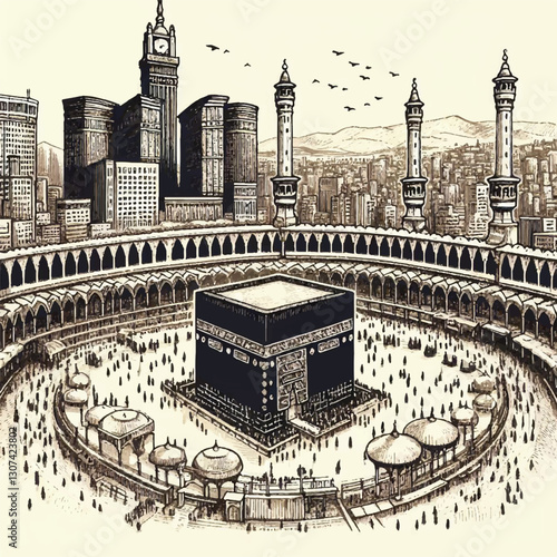 Eid Mubarak mosque vector, Meccah drawing