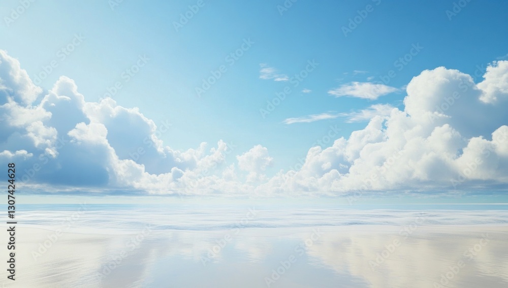 Obraz premium Serene, sunlit sky with fluffy clouds over a calm, reflective, white surface.