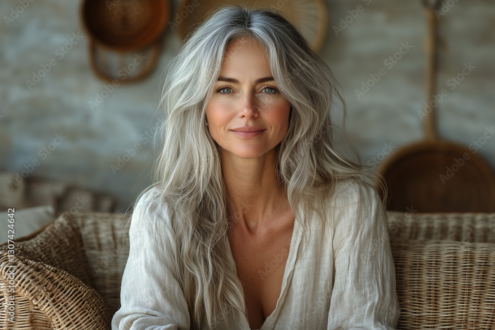 Fototapeta premium A woman with long silver hair smiles warmly, seated in a cozy, natural setting