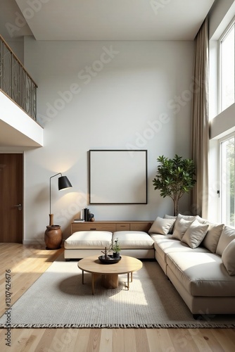 Scandinavian-style living room with high ceilings and neutral color scheme, Nordic, spacious