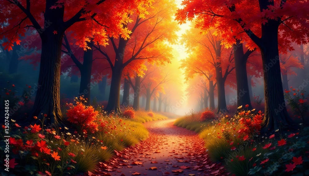 Scenic view of a colorful pathway through a magical autumn forest with golden light filtering through the trees, golden light, forest Scenic view of a colorful pathway through a magical autumn forest with golden light filtering through the trees, golden light, forest