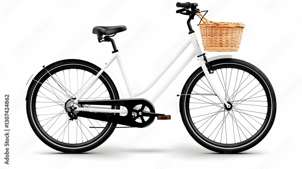 Fototapeta premium White Bicycle with Wicker Basket on White Background