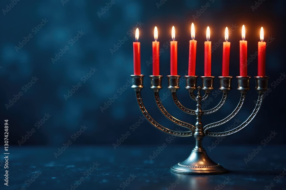 Fototapeta premium Candles on a hanukkah menorah with a small pool of water, silver, rabbi, menorah
