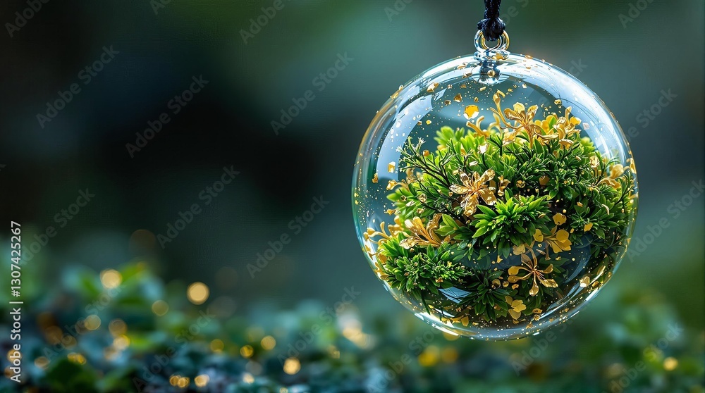 A glass orb containing a miniature moss ecosystem is hanging delicately in the foreground. A glass orb containing a miniature moss ecosystem is hanging delicately in the foreground.