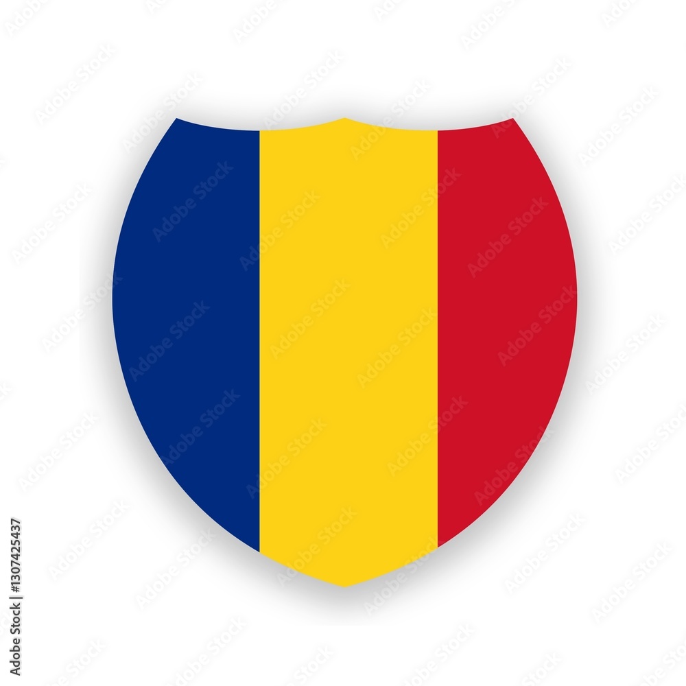 Fototapeta premium Romanian national flag in the shape of a shield isolated on white. Illustration. Flag of Romania