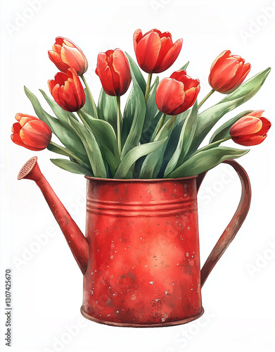 Vibrant red tulips beautifully arranged in a rustic red watering can