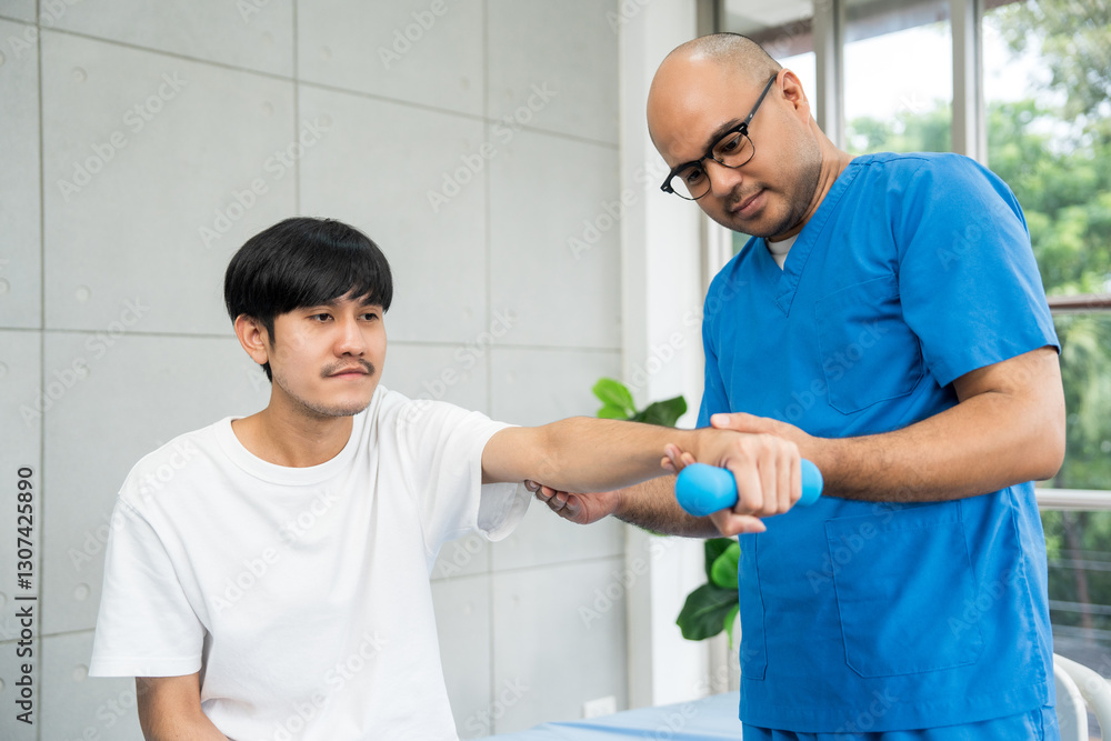 Obraz premium Physical therapy. Male Nurse aids young man in recovering from spine injury and providing orthopedic massage Orthopedic healthcare and chiropractor with person for physical therapy rehabilitation