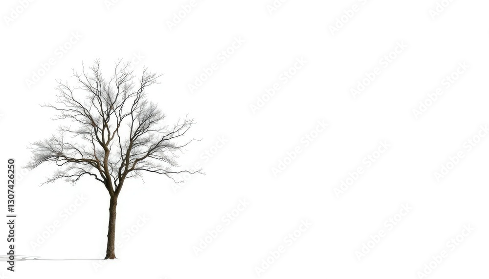 Obraz premium A lone tree stands stark against a pure white backdrop, abstract, woodland