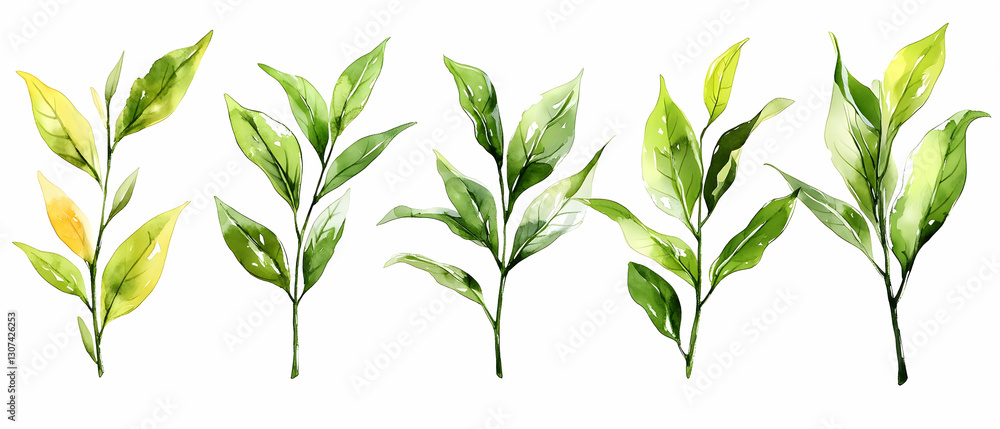 Watercolor green tea leaves, nature Watercolor green tea leaves, nature