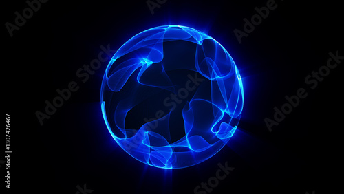 Glowing blue sphere. Wavy orb on isolated black background. Abstract blue energy sphere from particles and waves of magical glowing on a dark background, 4k, 
