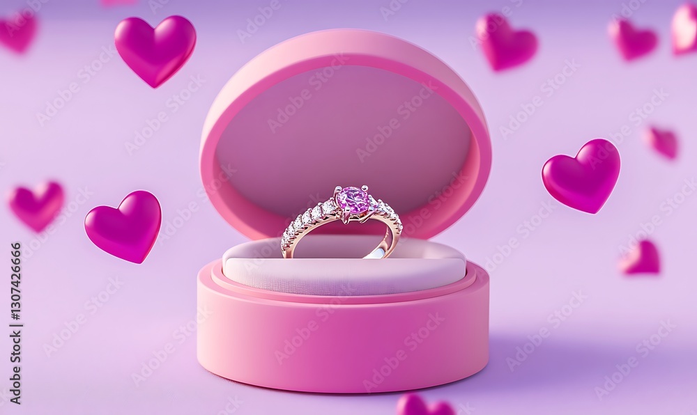 Engagement ring in pink box surrounded by floating hearts on lavender background. Engagement ring in pink box surrounded by floating hearts on lavender background.