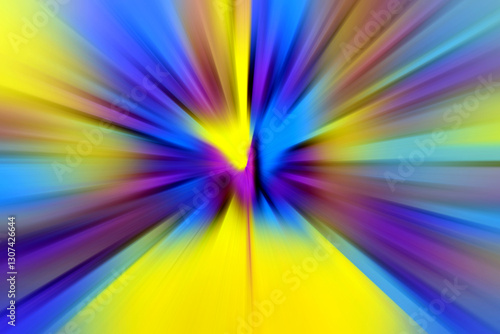 Abstract radial zoom blur surface of lilac, blue and yellow tones. Bright gradient with smooth transitions of shades, with radial, radiating, converging lines.