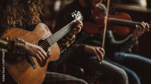 A photo of an intimate acoustic session at Celtic Connections Festival, where a guitarist and a violinist sit close together, deeply immersed in their performance