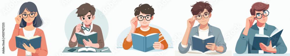 A teenager adjusting their glasses with a curious expression while reading a textbook, with a simple flat design and minimalistic plain white background. A teenager adjusting their glasses with a curious expression while reading a textbook, with a simple flat design and minimalistic plain white background.