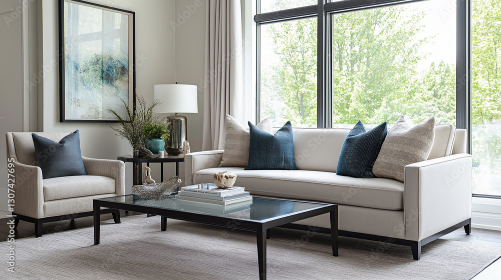 Fototapeta premium Modern Minimalist Living Room. A bright and elegant living space featuring a neutral color palette with deep blue accents. The room is furnished with a sleek white sofa, a matching armchair, and a sty