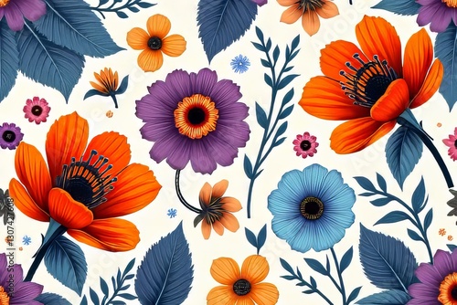 Vibrant Floral Pattern with Detailed Flowers and Leaves on Cream Background