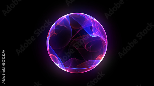 Purple laser sphere. Glowing ball of pink and blue particles. Magenta purple orb on isolated background. Neon futuristic 3d sphere. Bright glowing energy sphere. Artificial Intelligence