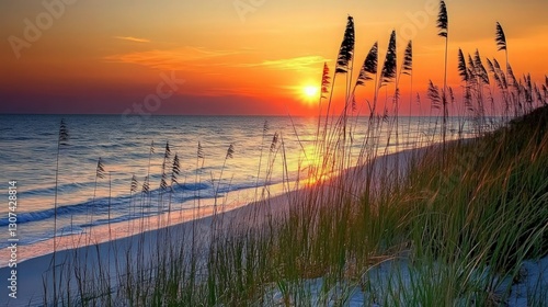 Beach sunset, ocean waves, sea oats silhouette, golden hour, coastal dunes, warm colors, serene atmosphere, tranquil seascape, horizon glow, twilight sky, seaside vegetation, peaceful shoreline