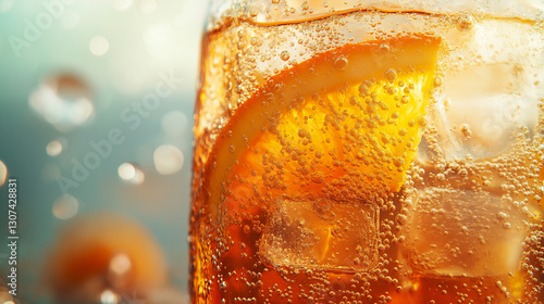 Vibrant Aperol Spritz close-up. A refreshing cocktail with sparkling bubbles rising around a juicy orange slice and ice cubes, capturing the essence of summer in a chilled glass.